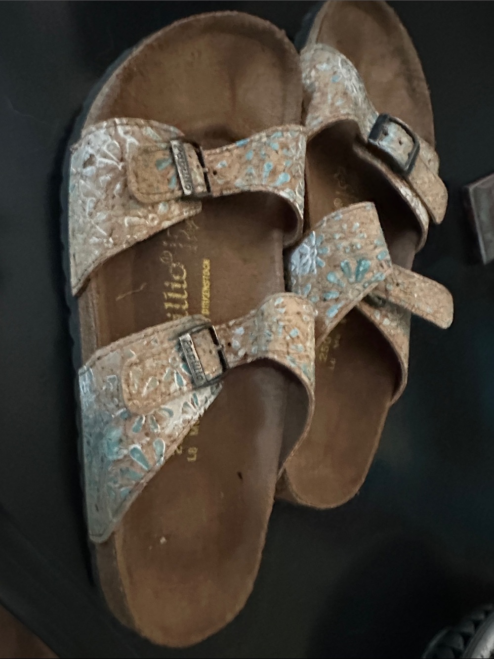 Birkenstock Two-Strap Floral Embossed Sandals in Tan and Light Blue